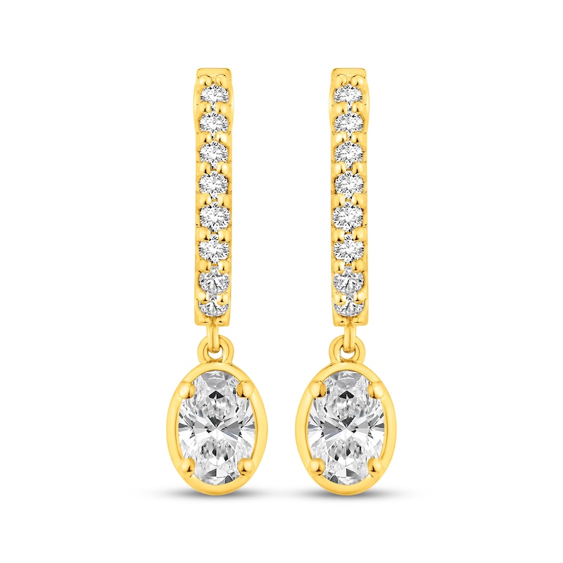 Main Image 2 of Oval-Cut Lab-Grown Diamond Dangle Hoop Earrings 1 ct tw 10K Yellow Gold