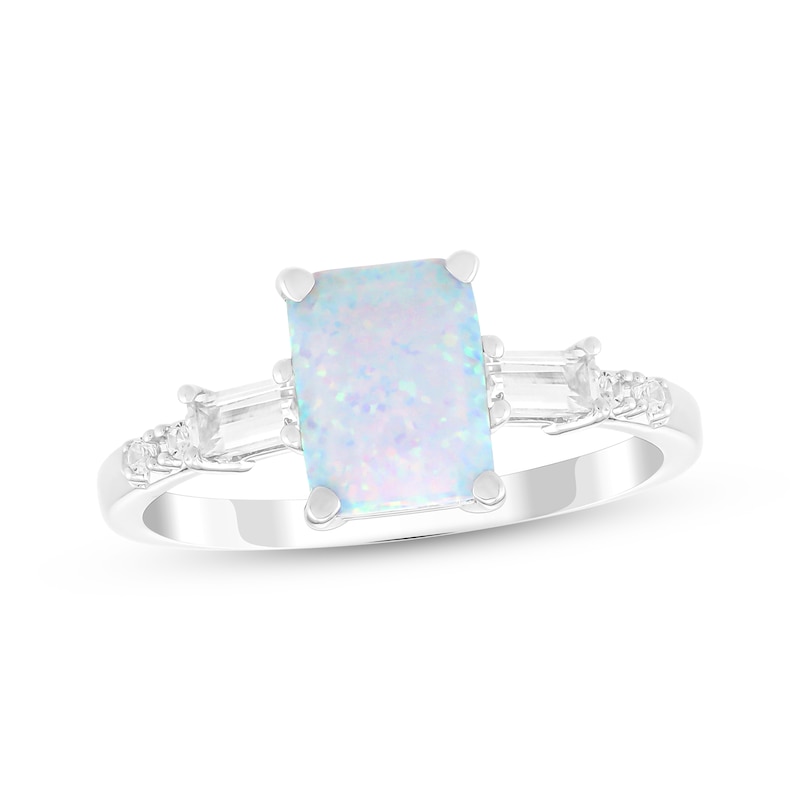 Main Image 1 of Emerald-Cut Lab-Created Opal & White Lab-Created Sapphire Ring Sterling Silver