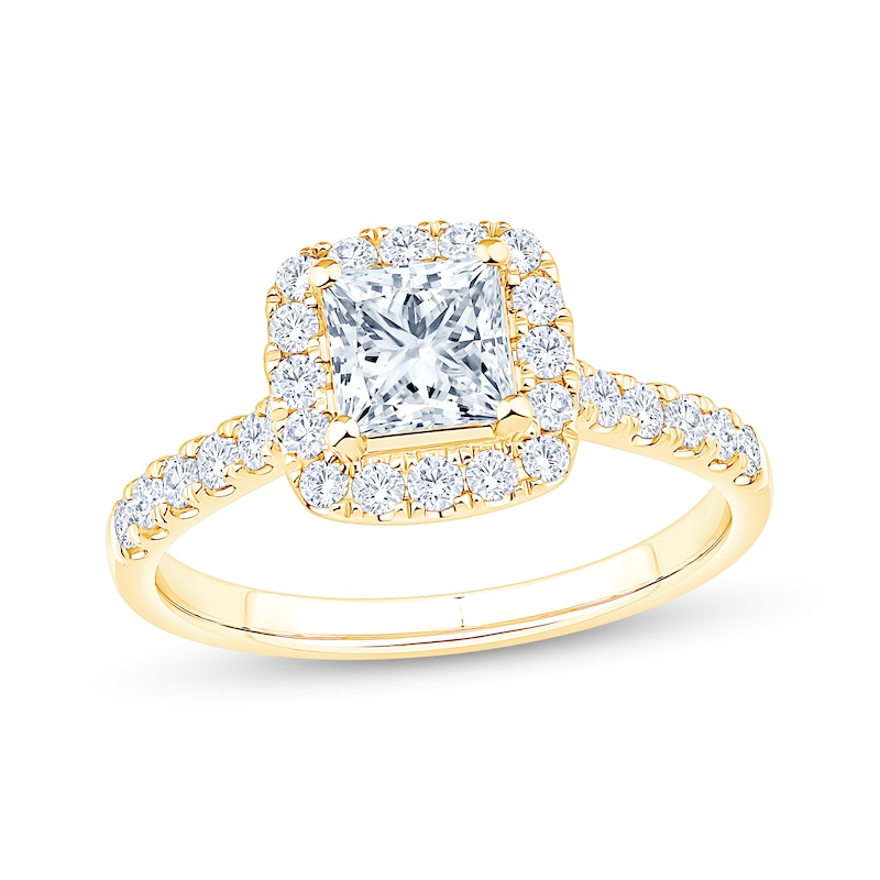 Main Image 1 of Certified Princess-Cut Diamond Halo Engagement Ring 1-1/5 ct tw 18K Yellow Gold