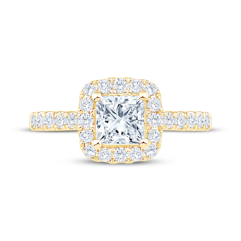 Main Image 3 of Certified Princess-Cut Diamond Halo Engagement Ring 1-1/5 ct tw 18K Yellow Gold