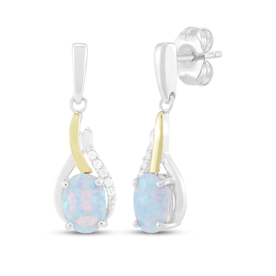 Oval-Cut Lab-Created Opal & White Lab-Created Sapphire Drop Earrings Sterling Silver & 10K Yellow Gold
