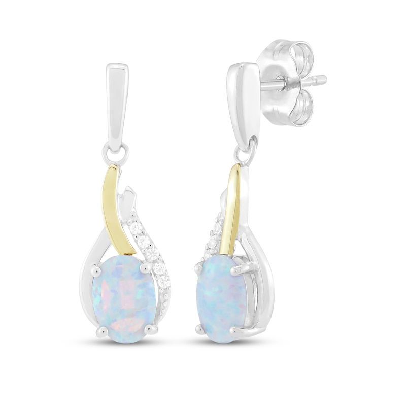 Main Image 1 of Oval-Cut Lab-Created Opal & White Lab-Created Sapphire Drop Earrings Sterling Silver & 10K Yellow Gold