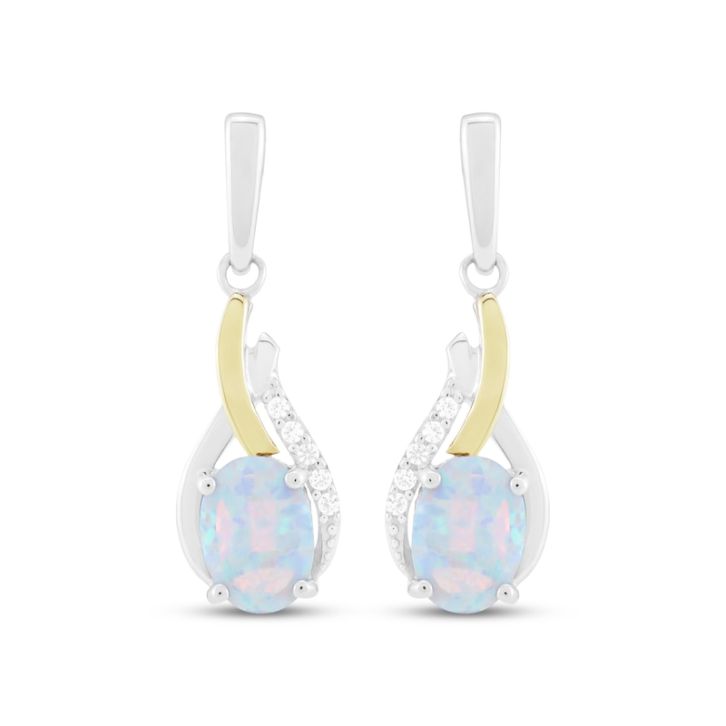 Main Image 2 of Oval-Cut Lab-Created Opal & White Lab-Created Sapphire Drop Earrings Sterling Silver & 10K Yellow Gold