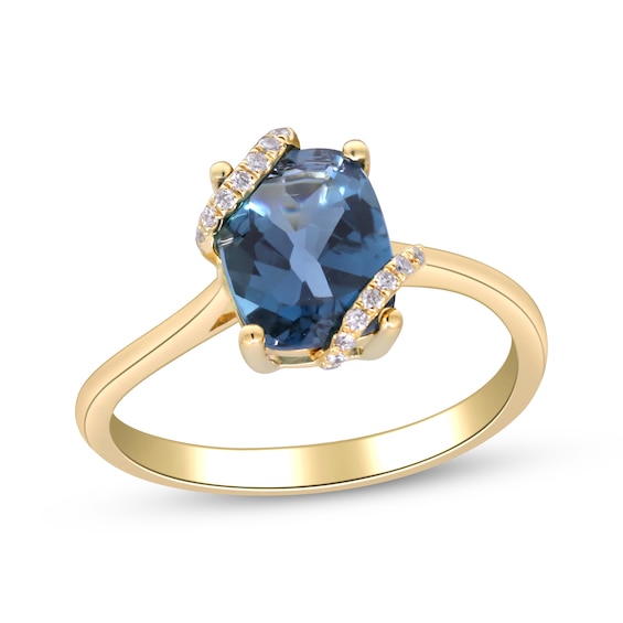 Cushion-Cut London Blue Topaz & Diamond Wrapped Ring 1/15 ct tw 10K Yellow Gold