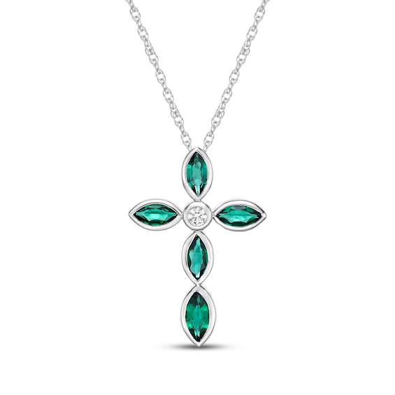 Marquise-Cut Lab-Created Emerald & White Lab-Created Sapphire Cross Necklace Sterling Silver 18"