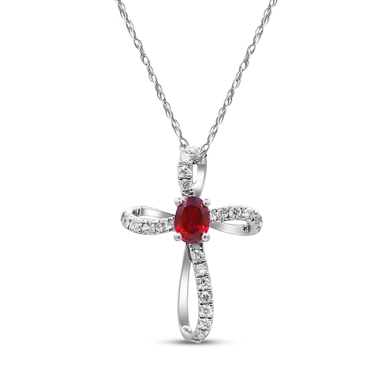 Oval-Cut Ruby & Diamond Loop Cross Necklace 1/10 ct tw 10K White Gold 18"