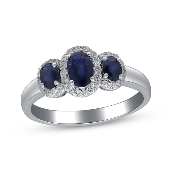 Oval-Cut Blue Sapphire & Diamond Three-Stone Halo Ring 1/4 ct tw 10K White Gold