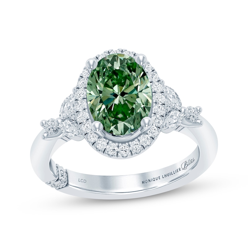 Main Image 1 of Monique Lhuillier Bliss Oval-Cut Green & White Lab-Grown Diamond Halo Engagement Ring 2-1/2 ct tw 18K White Gold