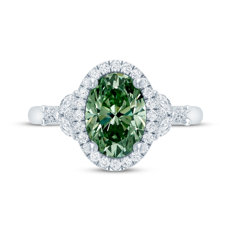 Main Image 4 of Monique Lhuillier Bliss Oval-Cut Green & White Lab-Grown Diamond Halo Engagement Ring 2-1/2 ct tw 18K White Gold