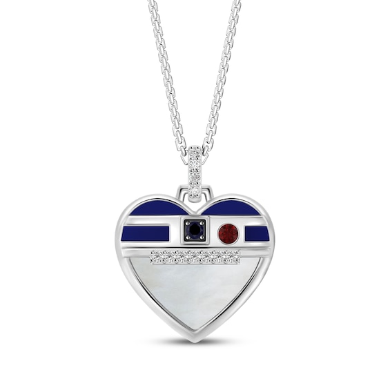 Star Wars R2-D2 Garnet, Blue Lab-Created Sapphire & Diamond Heart Necklace 1/15 ct tw Sterling Silver 18"