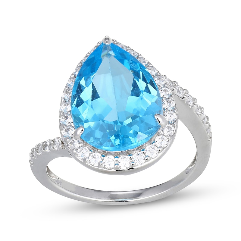 Main Image 1 of Pear-Shaped Blue Topaz & White Lab-Created Sapphire Halo Ring Sterling Silver