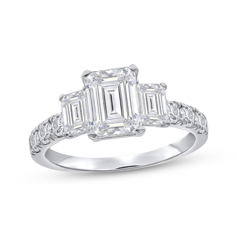 Main Image 1 of Lab-Grown Diamonds Certified Emerald-Cut Three-Stone Engagement Ring 10K White Gold