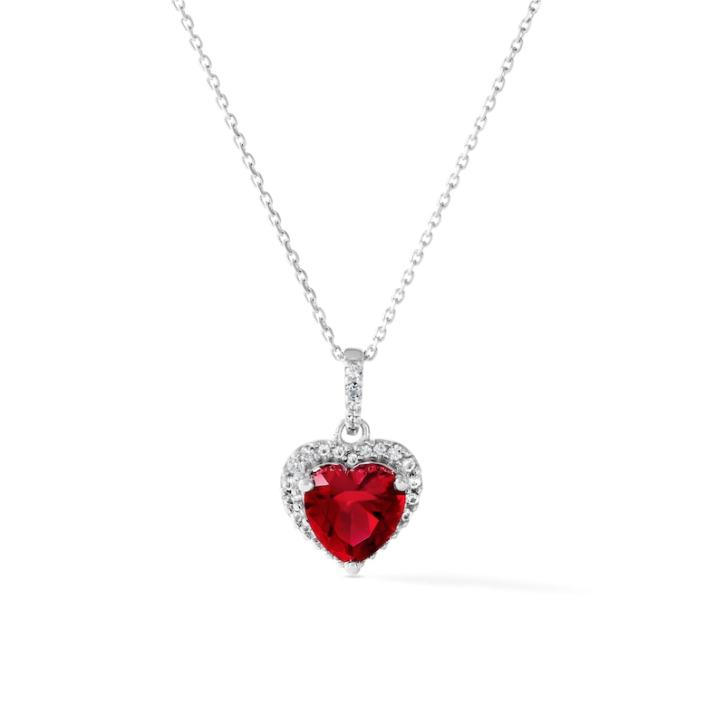 Main Image 1 of Heart-Shaped Lab-Created Ruby & White Lab-Created Sapphire Halo Necklace Sterling Silver 18"