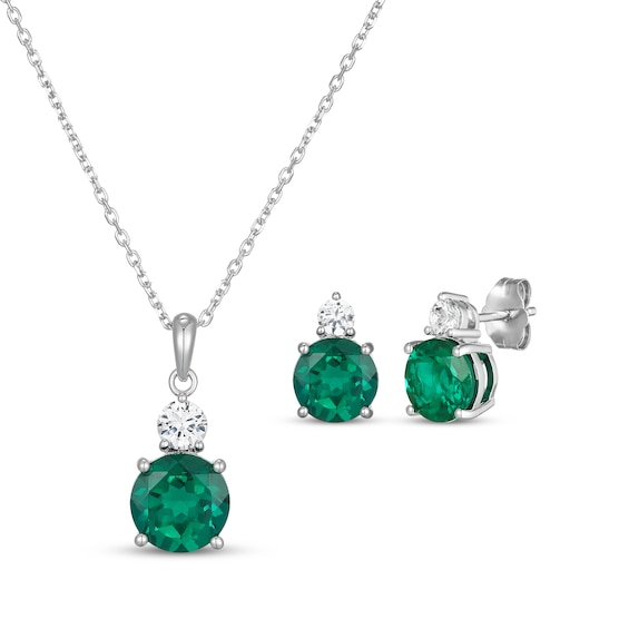 Lab-Created Emerald & White Lab-Created Sapphire Necklace & Earrings Gift Set Sterling Silver