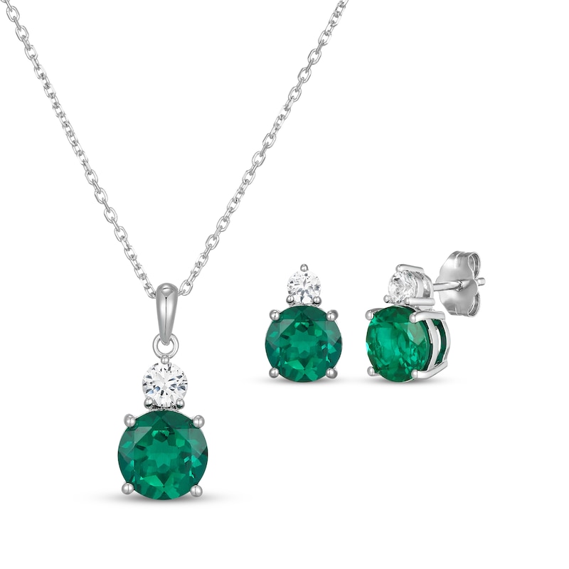 Main Image 1 of Lab-Created Emerald & White Lab-Created Sapphire Necklace & Earrings Gift Set Sterling Silver