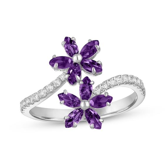 Marquise-Cut Natural Amethyst & White Lab-Created Sapphire Flower Bypass Ring Sterling Silver