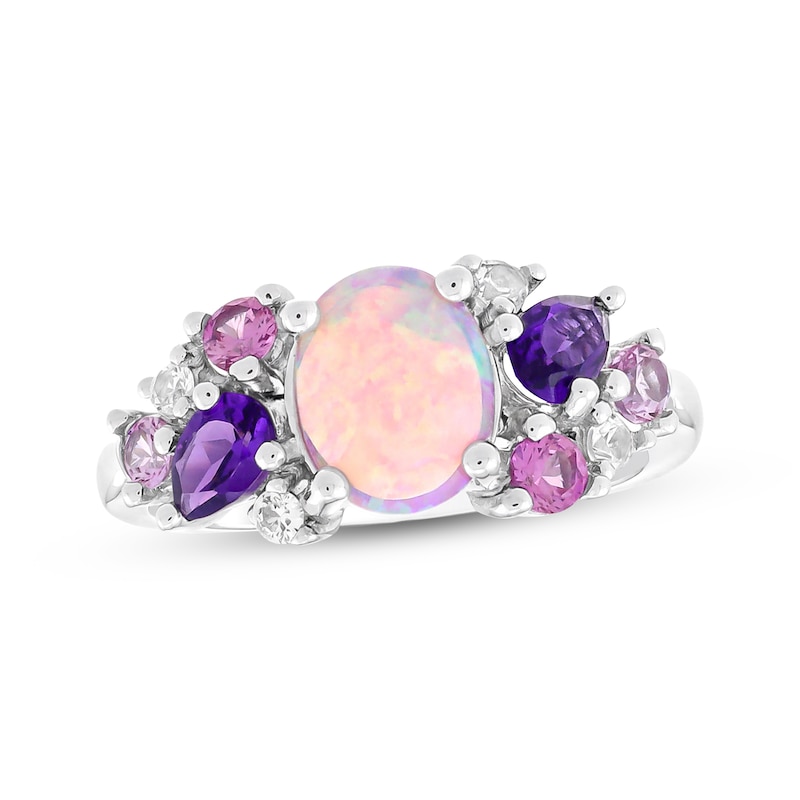 Main Image 1 of Oval-Shaped Pink Lab-Created Opal, Pear-Shaped Natural Amethyst & Dark Pink, Light Pink and White Lab-Created Sapphire Ring Sterling Silver