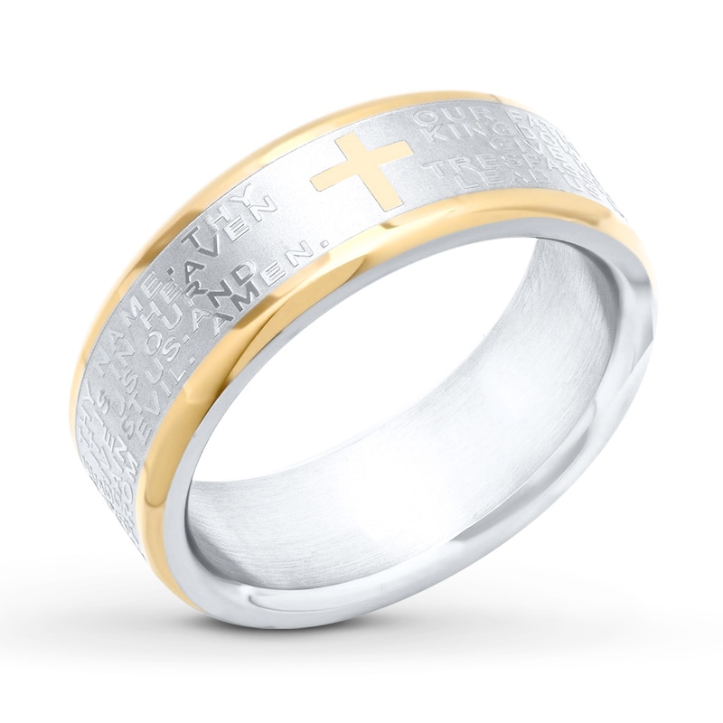 Men's Cross Wedding Band Stainless Steel/Yellow Ion-Plating 8mm