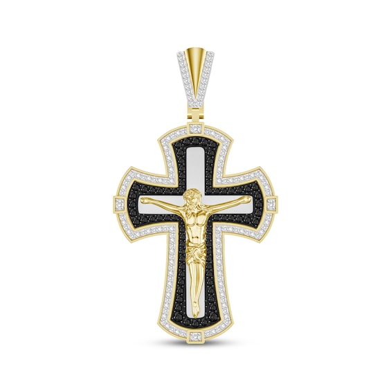 Round-Cut Black & White Diamond Crucifix Charm 1 ct tw 10K Yellow Gold