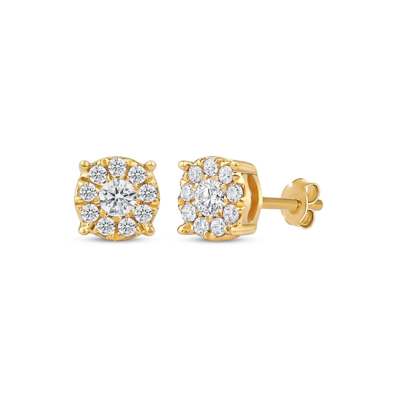 1 Carat Pave Diamond Stud Earrings 10K Yellow Gold Cube Shape