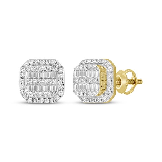 Men's Baguette & Round-Cut Diamond Greek Key Cushion Stud Earrings 1/3 ct tw 10K Yellow Gold