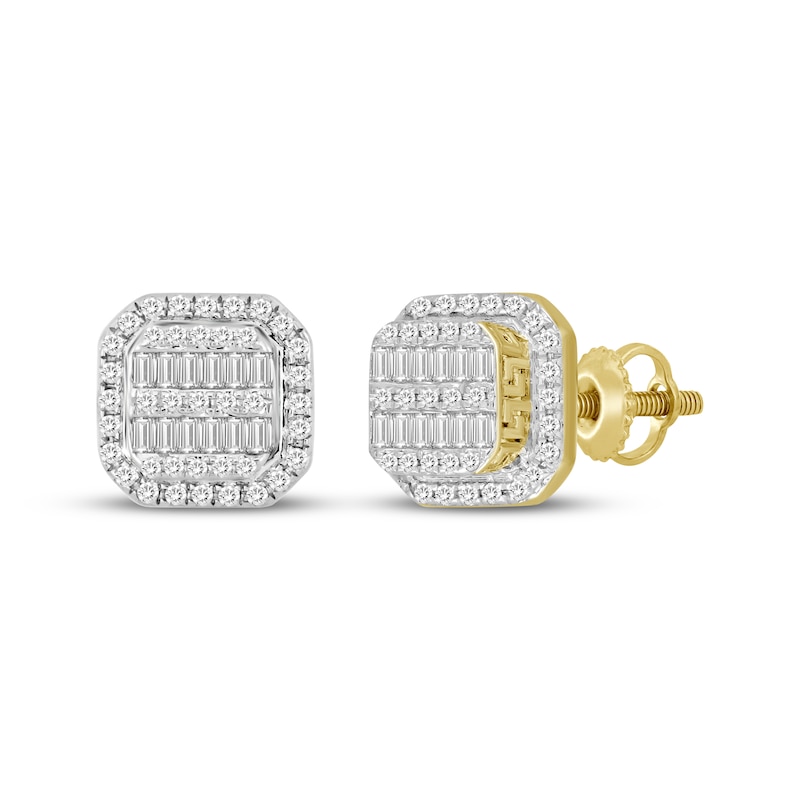 Main Image 1 of Men's Baguette & Round-Cut Diamond Greek Key Cushion Stud Earrings 1/3 ct tw 10K Yellow Gold