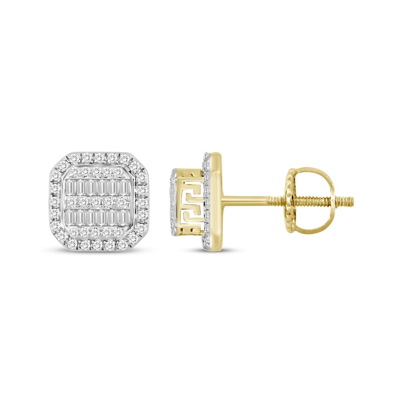 Men's Baguette & Round-Cut Diamond Greek Key Cushion Stud Earrings 1/3 ct tw 10K Yellow Gold