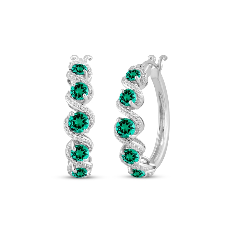 Main Image 1 of Lab-Created Emerald & White Lab-Created Sapphire Swirl Hoop Earrings Sterling Silver