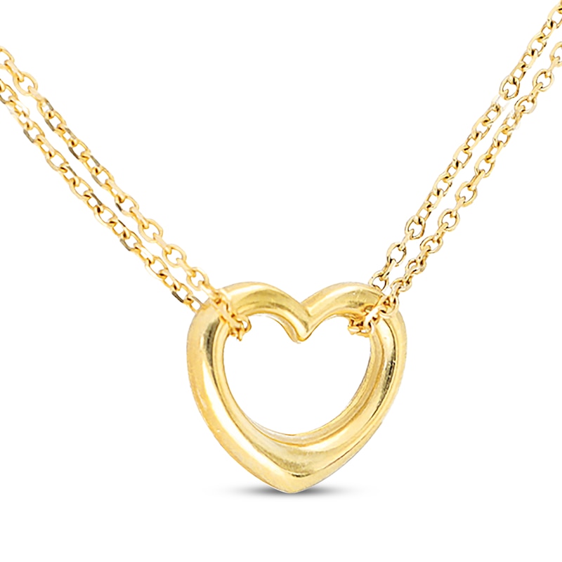 Puffed Open Heart Double Chain Necklace 10K Yellow Gold 18"