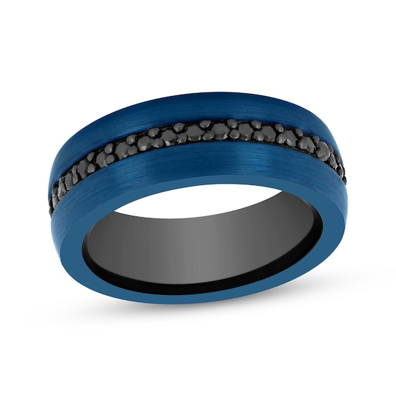 Men's Black Sapphire Wedding Band Blue Ion-Plated Tungsten Carbide 8mm