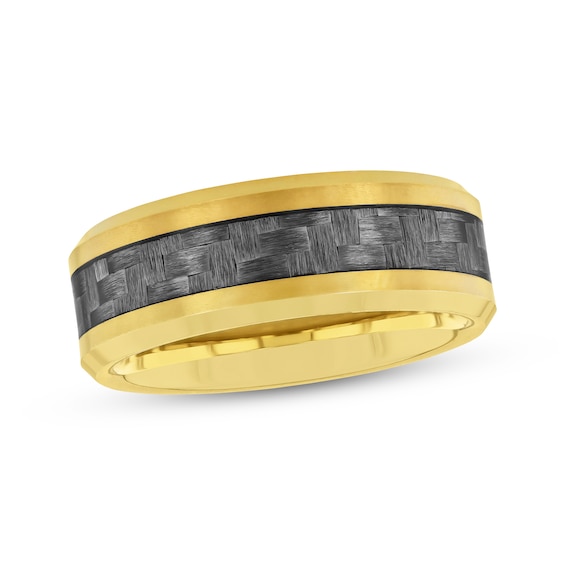 Men's Crosshatch Wedding Band Yellow Ion-Plated Tungsten Carbide & Carbon Fiber 8mm