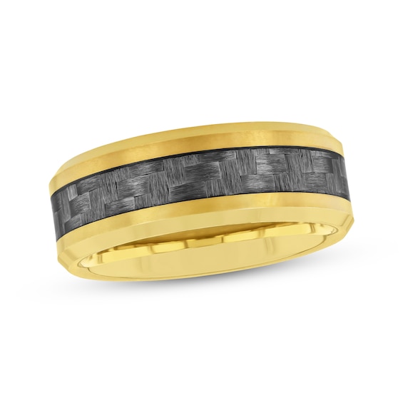 Now + Forever Men's Crosshatch Wedding Band Yellow Ion-Plated Tungsten Carbide & Carbon Fiber 8mm