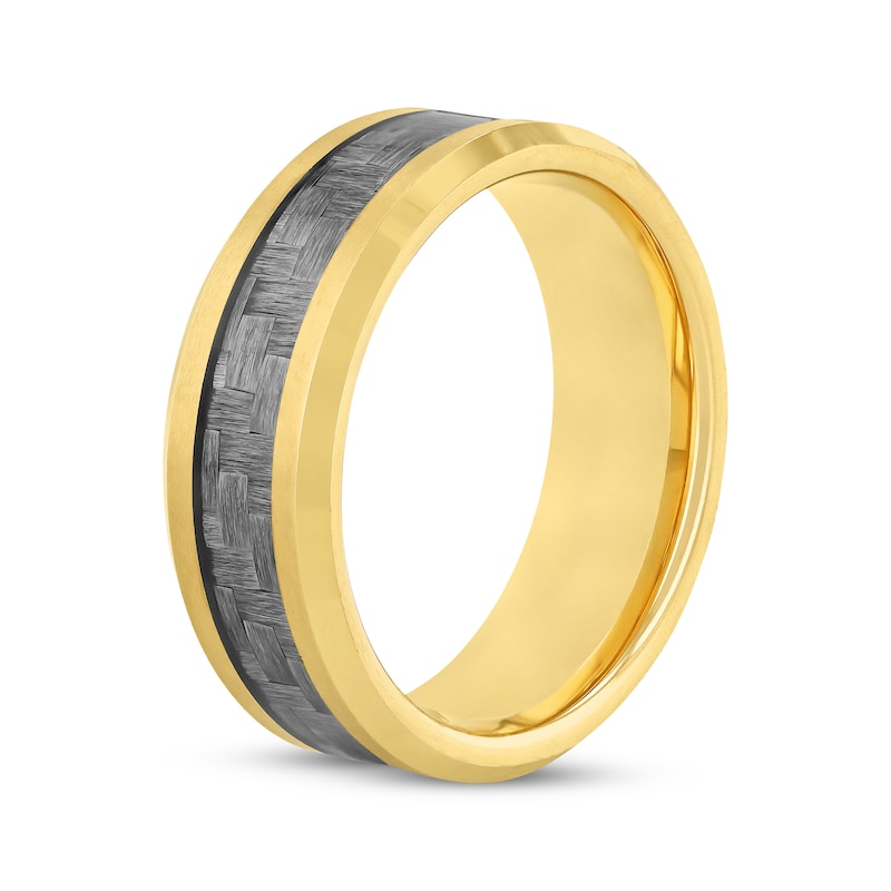 Main Image 2 of Now + Forever Men's Crosshatch Wedding Band Yellow Ion-Plated Tungsten Carbide & Carbon Fiber 8mm
