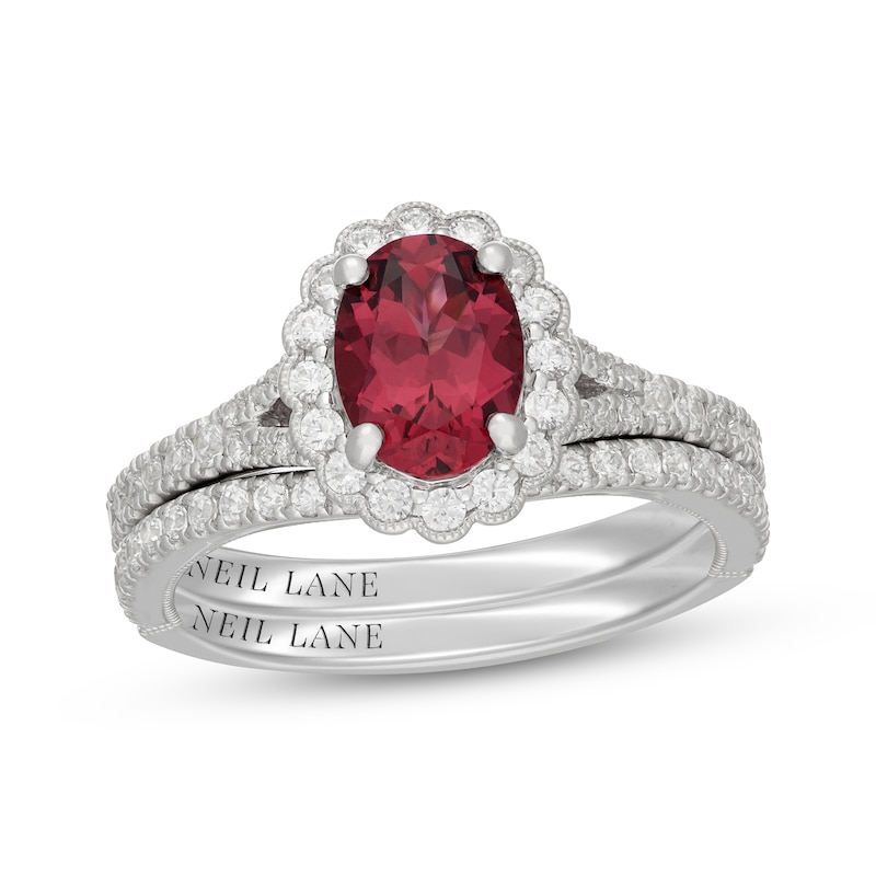 Main Image 1 of Neil Lane Oval-Cut Rhodolite Garnet & Diamond Scalloped Halo Bridal Set 5/8 ct tw 14K White Gold