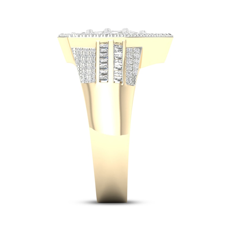Main Image 4 of Men's Baguette & Round-Cut Diamond Shield Ring 1 ct tw 10K Yellow Gold