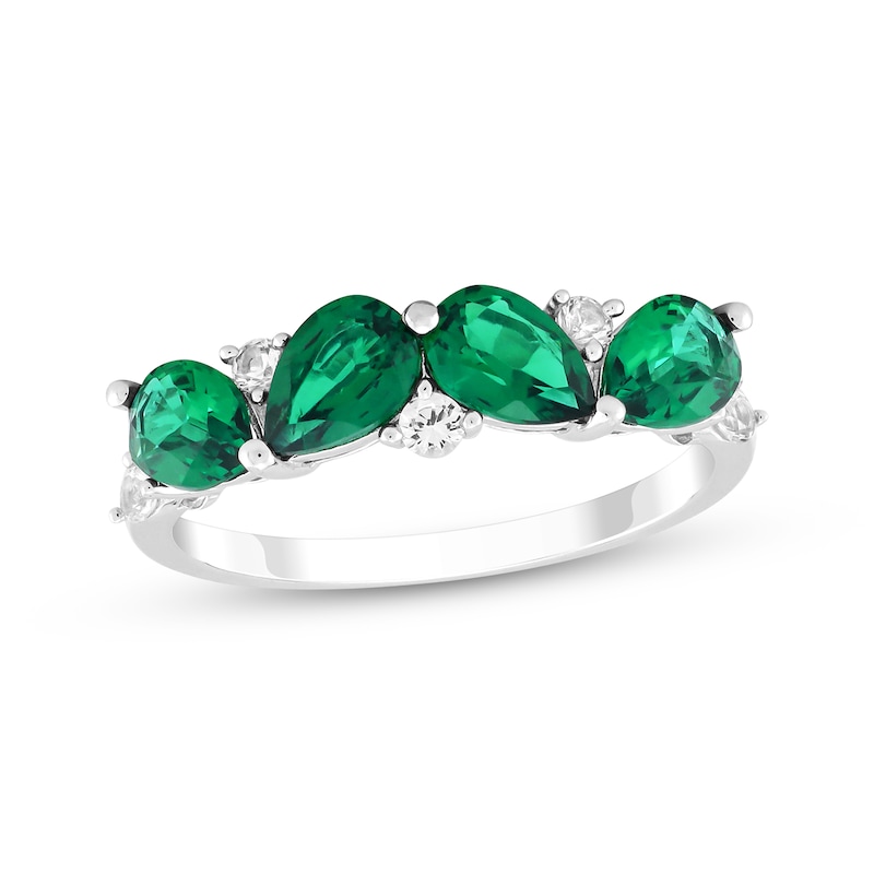 Main Image 1 of Pear-Shaped Lab-Created Emerald & White Lab-Created Sapphire Four-Stone Ring Sterling Silver