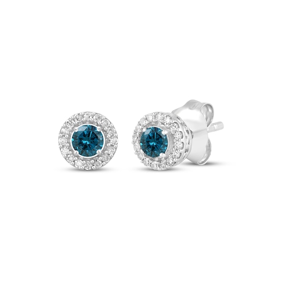 Blue & White Diamond Halo Stud Earrings 1/3 ct tw Sterling Silver