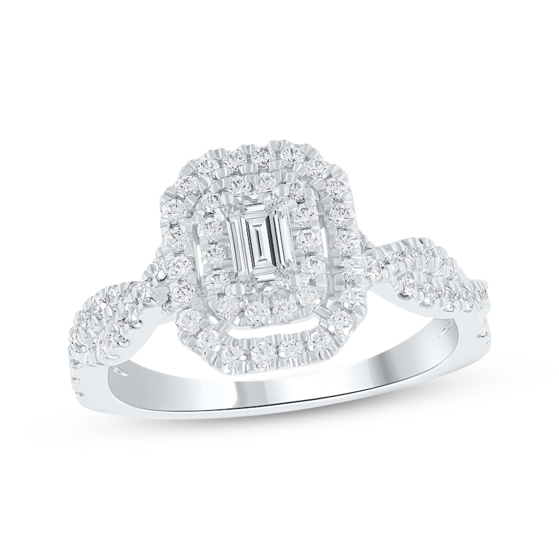 Main Image 1 of Now + Forever Lab-Grown Diamonds Emerald-Cut Double Halo Engagement Ring 1 ct tw 14K White Gold