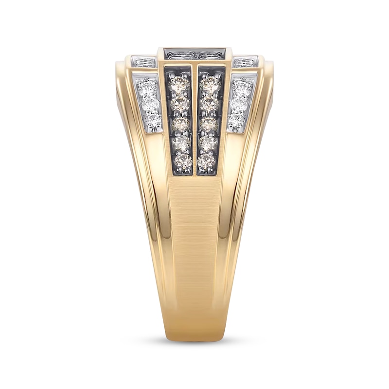 Main Image 2 of Men's Brown & White Diamond Angled Ring 1 ct tw 10K Yellow Gold