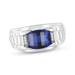 Men's Barrel-Cut Blue Lab-Created Sapphire & Diamond Accent Ring 10K White Gold