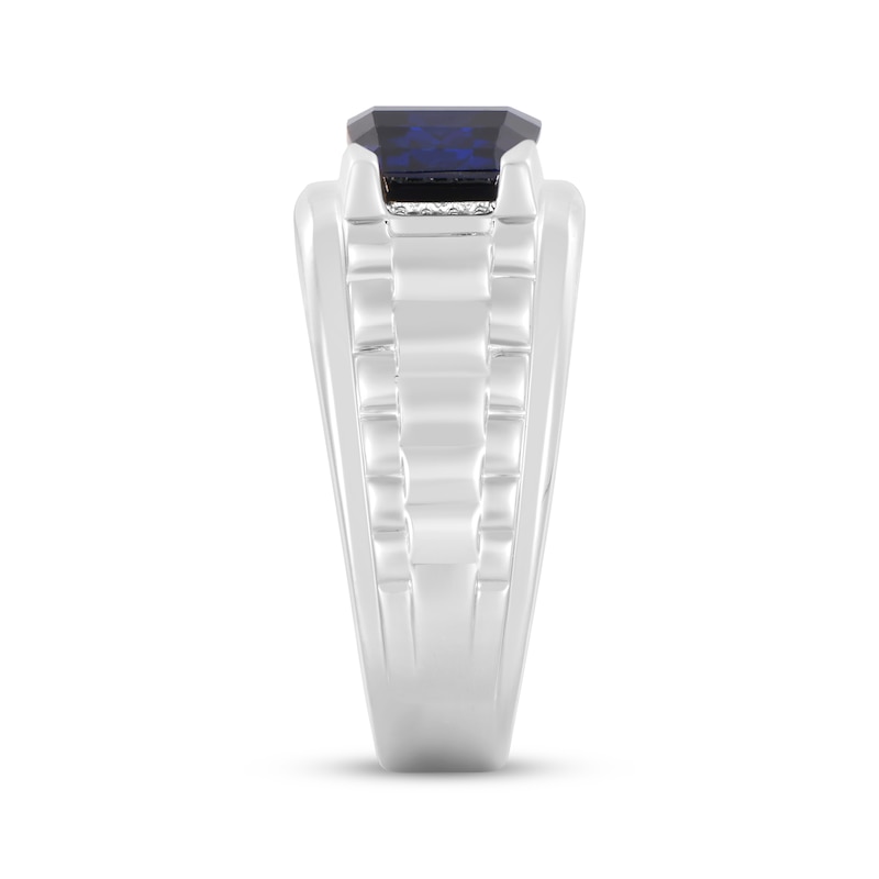 Main Image 2 of Men's Barrel-Cut Blue Lab-Created Sapphire & Diamond Accent Ring 10K White Gold