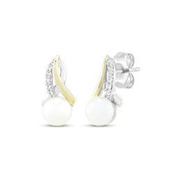 Cultured Pearl & White Lab-Created Sapphire Drop Earrings Sterling Silver & 10K Yellow Gold