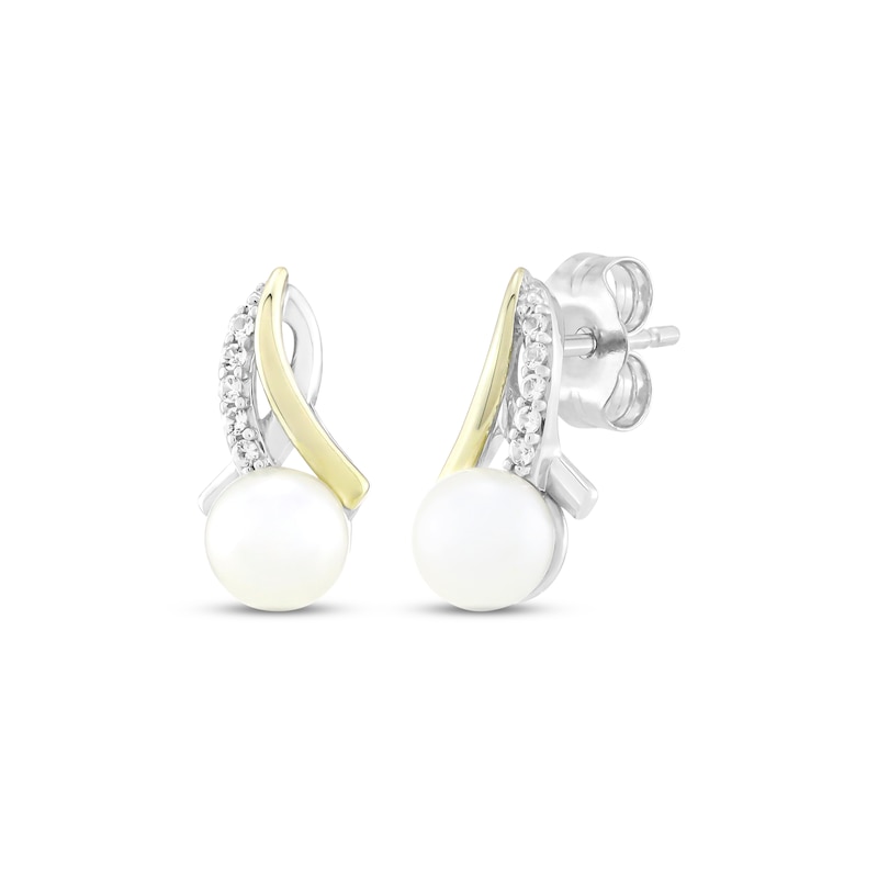 Main Image 1 of Cultured Pearl & White Lab-Created Sapphire Drop Earrings Sterling Silver & 10K Yellow Gold