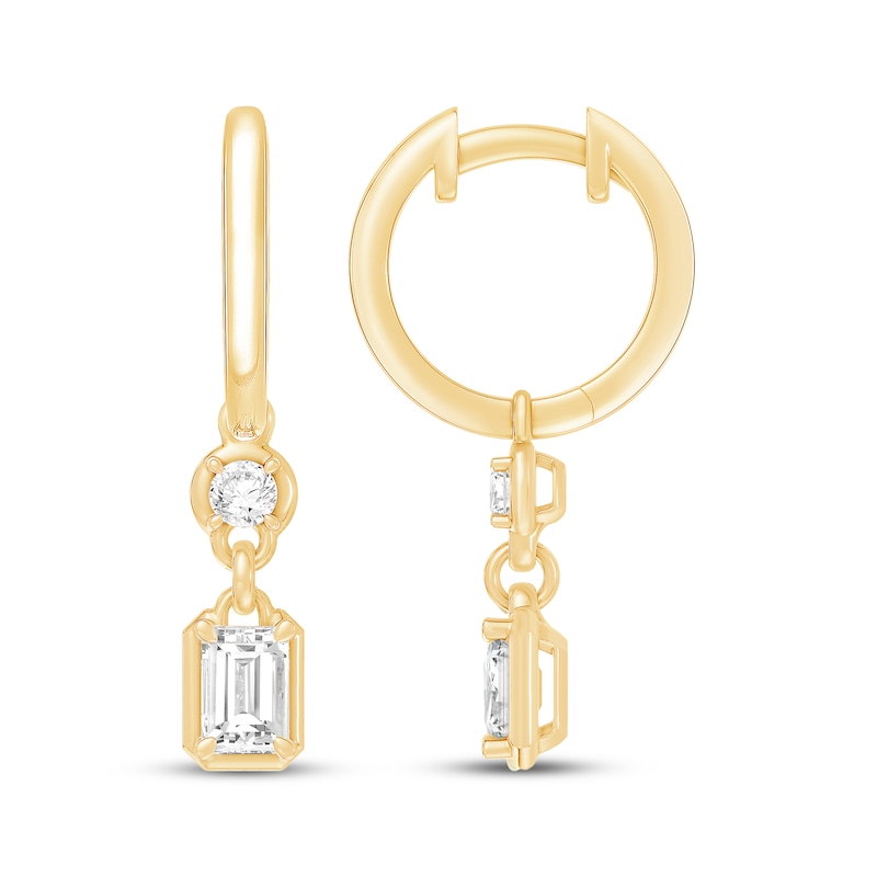 Main Image 1 of KAY Lab-Grown Diamonds Round & Emerald-Cut Dangle Huggie Hoop Earrings 1 ct tw 10K Yellow Gold