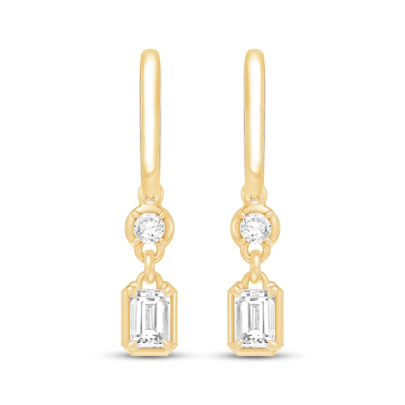 Main Image 2 of KAY Lab-Grown Diamonds Round & Emerald-Cut Dangle Huggie Hoop Earrings 1 ct tw 10K Yellow Gold
