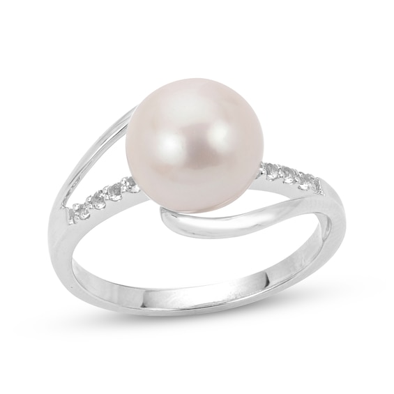 Cultured Pearl & White Topaz Bypass Ring Sterling Silver