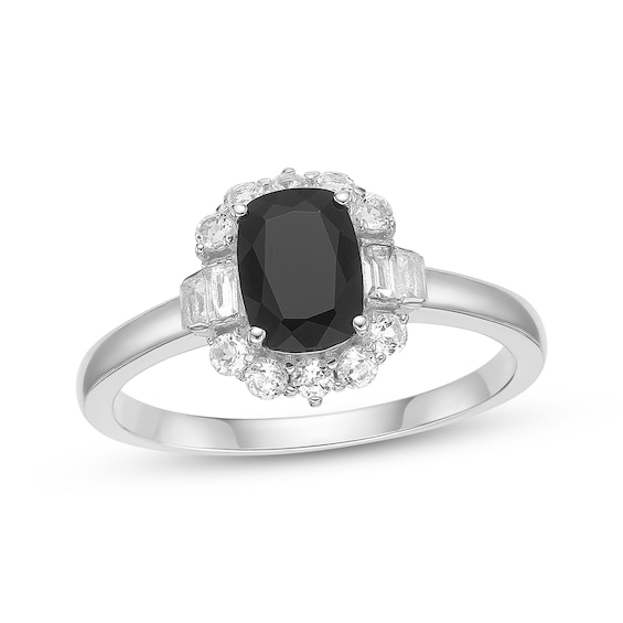 Cushion-Cut Black Onyx & White Lab-Created Sapphire Halo Ring Sterling Silver