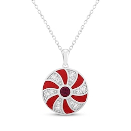 Lab-Created Ruby & White Lab-Created Sapphire Red Enamel Peppermint Candy Necklace Sterling Silver 18"