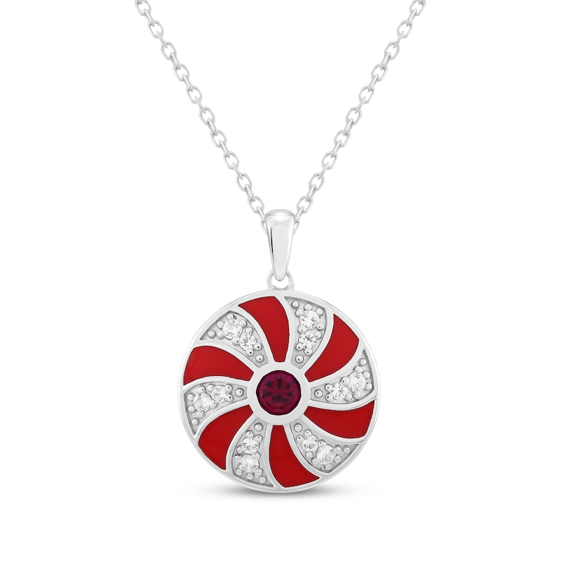 Main Image 1 of Lab-Created Ruby & White Lab-Created Sapphire Red Enamel Peppermint Candy Necklace Sterling Silver 18"