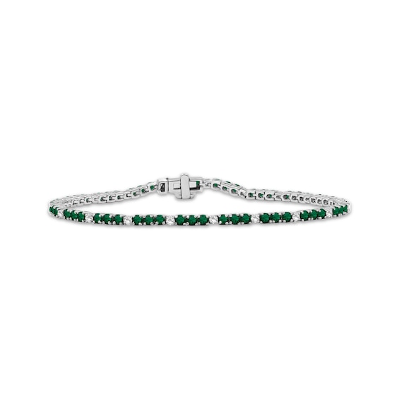 Lab-Created Emerald & White Lab-Created Sapphire Line Bracelet Sterling Silver 7.5"